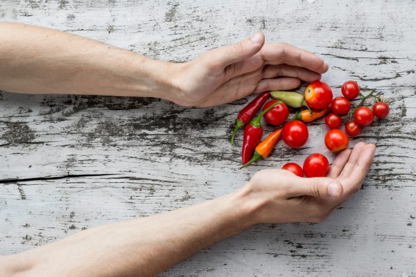 Flat lay hands Harvest Healthy Ingredients rustic table Top Vegetables woodgrain free photo CC0