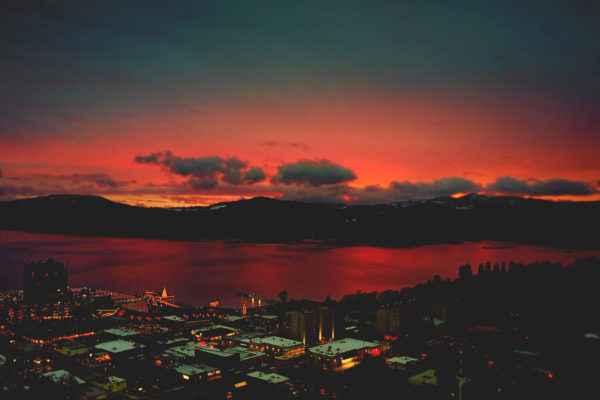 Aerial Buildings city Cityscape clouds Dusk light night reflection sky sun sunset Urban View water free photo CC0