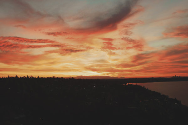 Aerial city clouds Drone Dusk Evening seattle sky skyscape sunset water free photo CC0