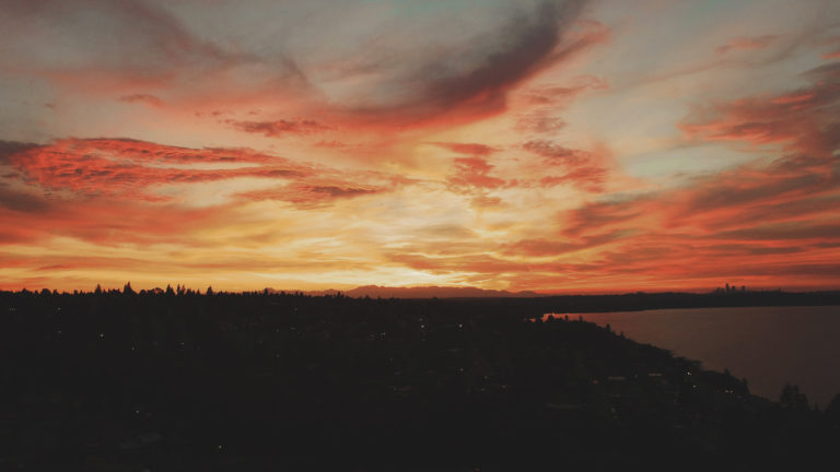 Aerial city clouds Drone Dusk Evening seattle sky skyscape sunset water free photo CC0