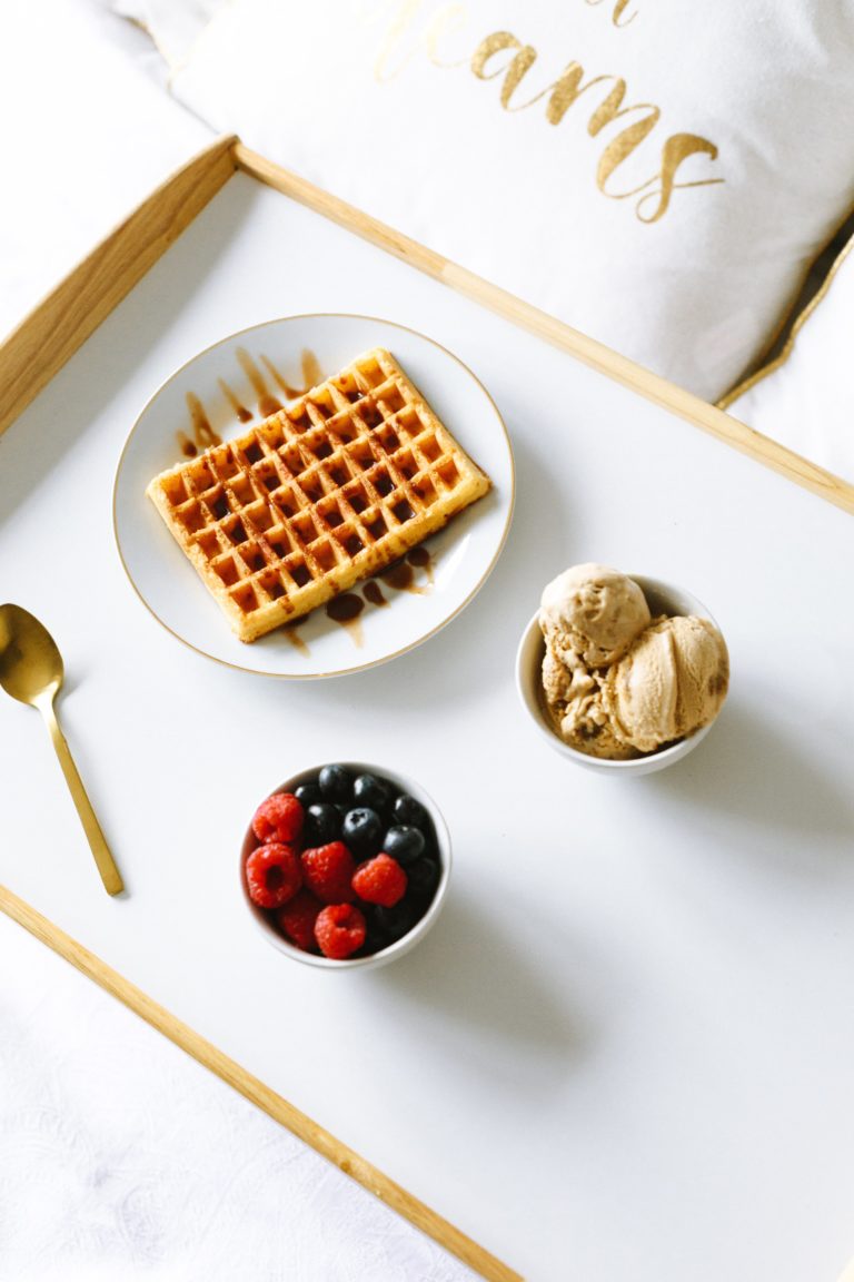belgium berries Blueberries breakfast Cream delicious Flat lay Fresh Fruit Ice Plate raspberry Spoon syrup Top View waffles free photo CC0