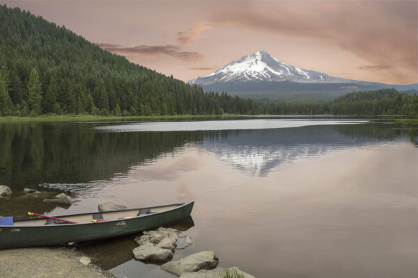 canoe clouds forest lake landscape mountains nature outdoors reflection rural Scenic shore sky snow trees wanderlust water free photo CC0