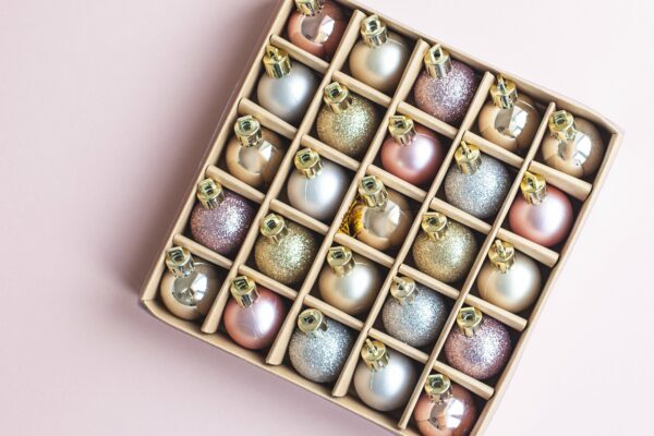 arrangement Background baubles box Christmas decorations design Elements festive Flat lay Holiday ornaments pastel pink Top View free photo CC0