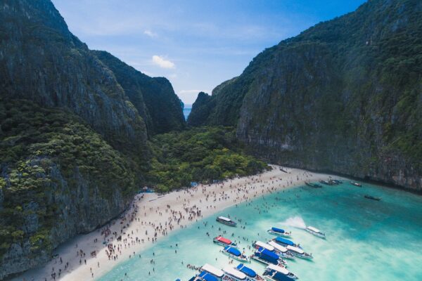 Beach blue Boats canyon cliffs clouds hills Ocean peaceful people rocks Scenic sea sky travel Tropical Vacation Warm water world free photo CC0