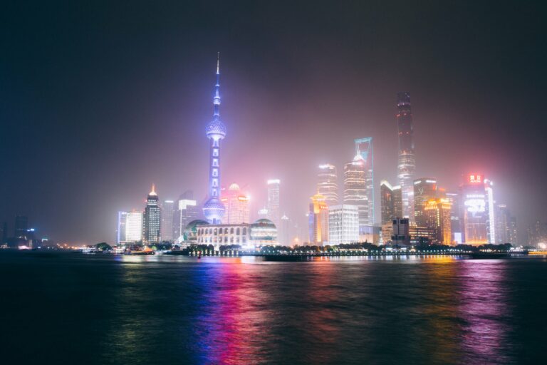 ambient architecture Buildings business Cityscape downtown fog glowing lights Modern night shanghai skyline skyscrapers Tower travel water free photo CC0