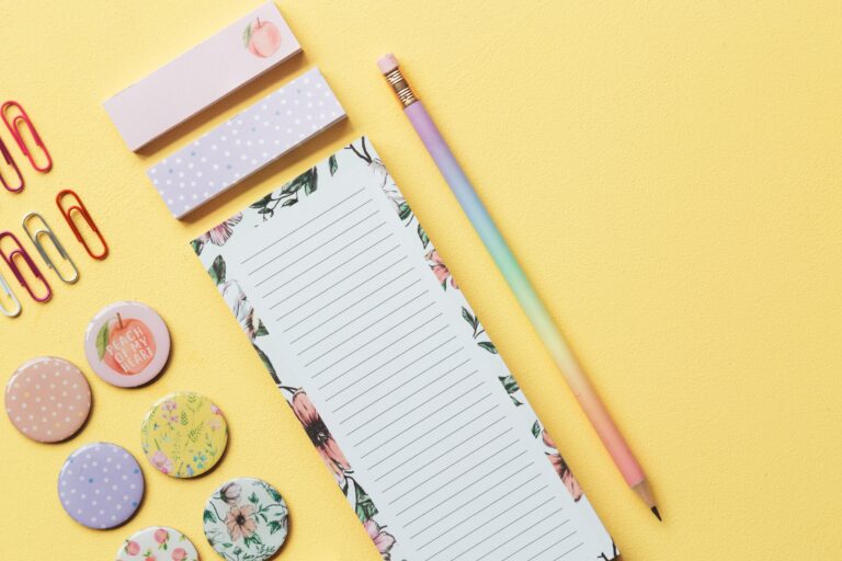 Colorful copy space desk Flat lay note Objects paper pastel Pencil stationery yellow free photo CC0