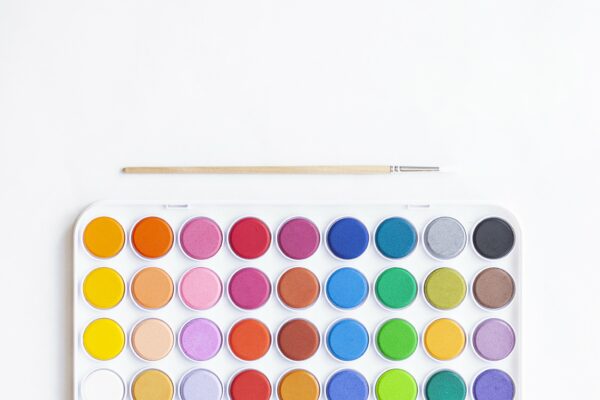 Artist box bright Brush Clean Colorful copy space Flat lay minimal Paint painter palette rainbow Simple Top water watercolor free photo CC0