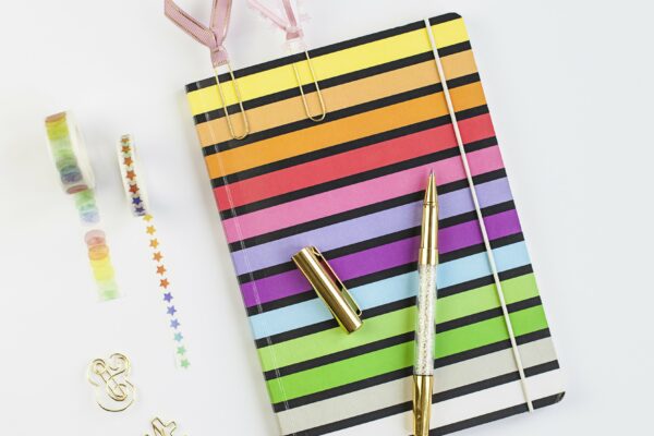 artistic Background Book bright closed Colorful Designer desk diary Flat lay journal Notebook Notepad office paper Pen table Tape Top vibrant View writer free photo CC0