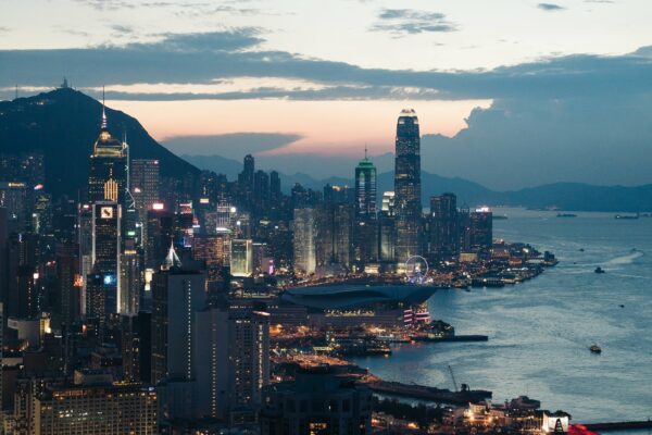 Aerial Buildings busy clouds Coast downtown harbor hong kong landscape lights night Ocean sky skyscrapers towers travel Urban water free photo CC0