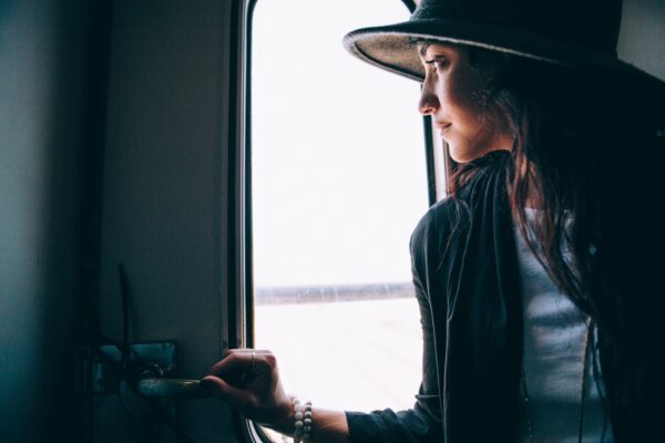 Fashion female Hat Indoor lady Looking Person Sunlight Train Transport travel Window woman free photo CC0