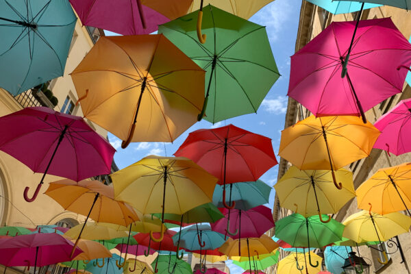 Art bright Color colored Colorful creative festive floating multicolored Outside Pattern sky street umbrellas Urban vibrant free photo CC0